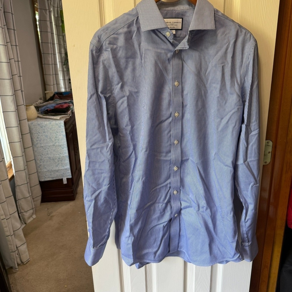 Charles Tyrwhitt Mens Dress Shirt Size 16/41 Royal Blue Puppytooth Twill - Picture 11 of 13